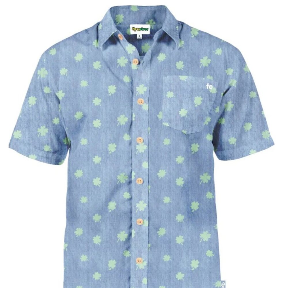 Tipsy Elves Mens Blue Clover Button-Up Short‎ Sleeve Shirt st patrick